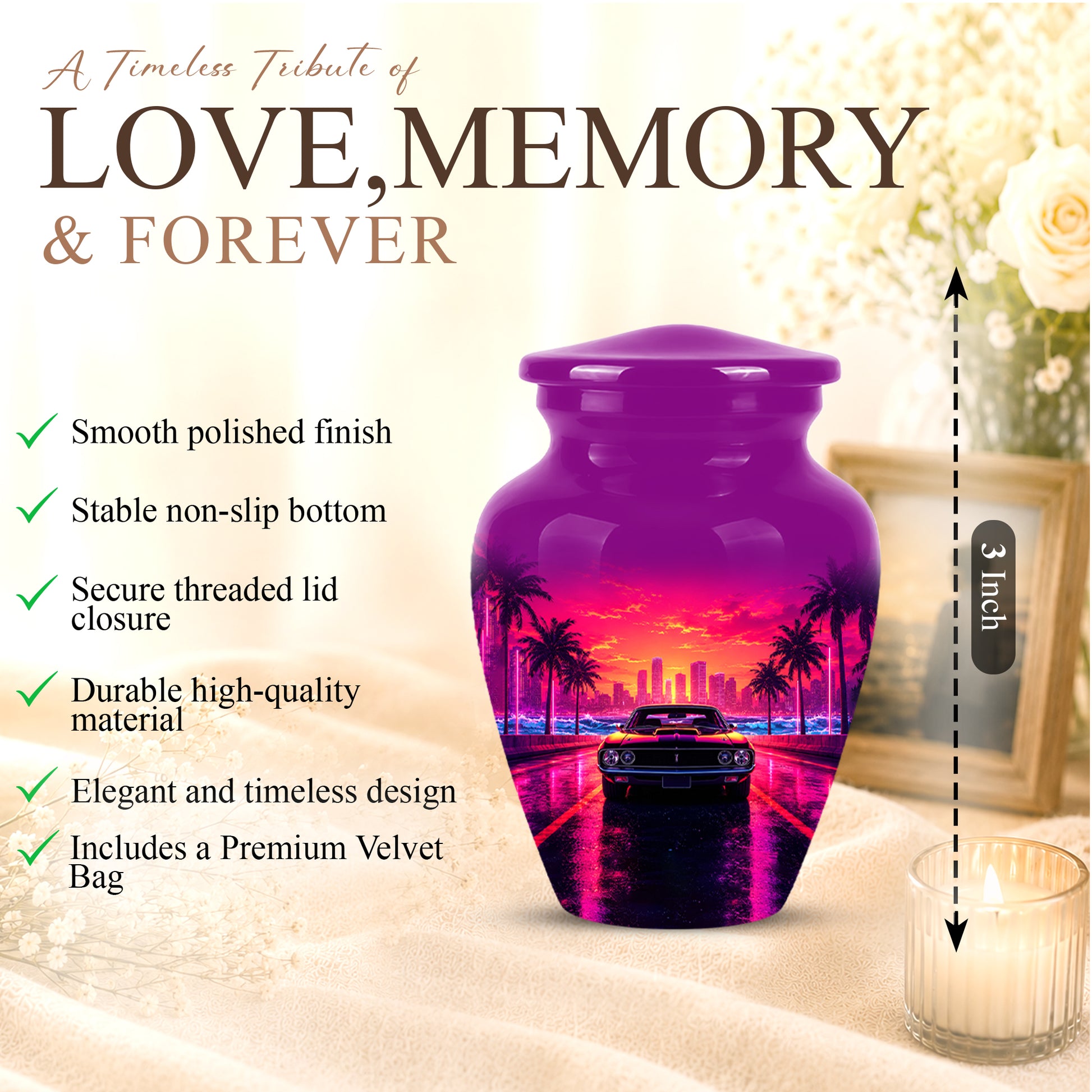Neon Sunset Cityscape Sports Car Urn - Artistic Cremation Urn On Sale