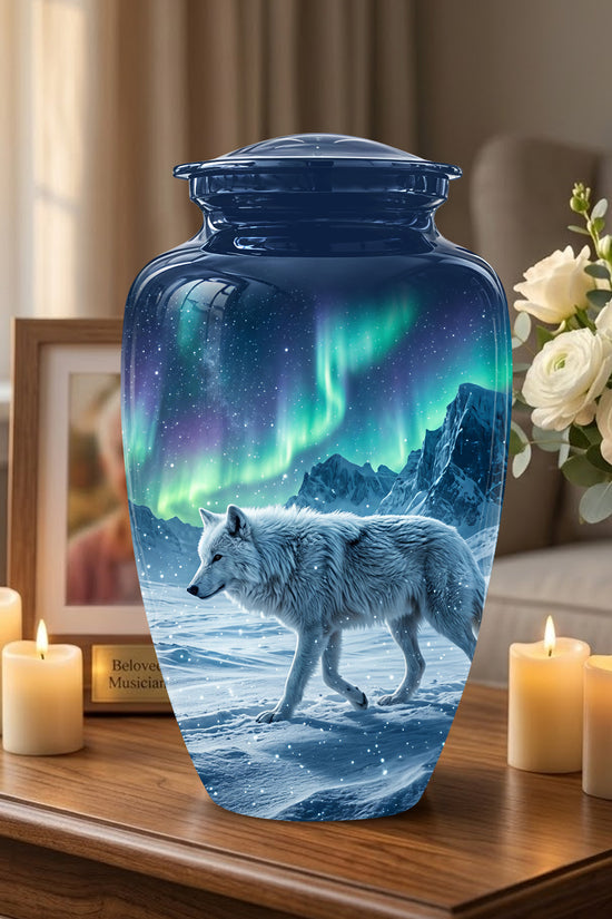 Snowy Wolf Cremation Urn - Northern Light Memorial Urn For Human Ashes