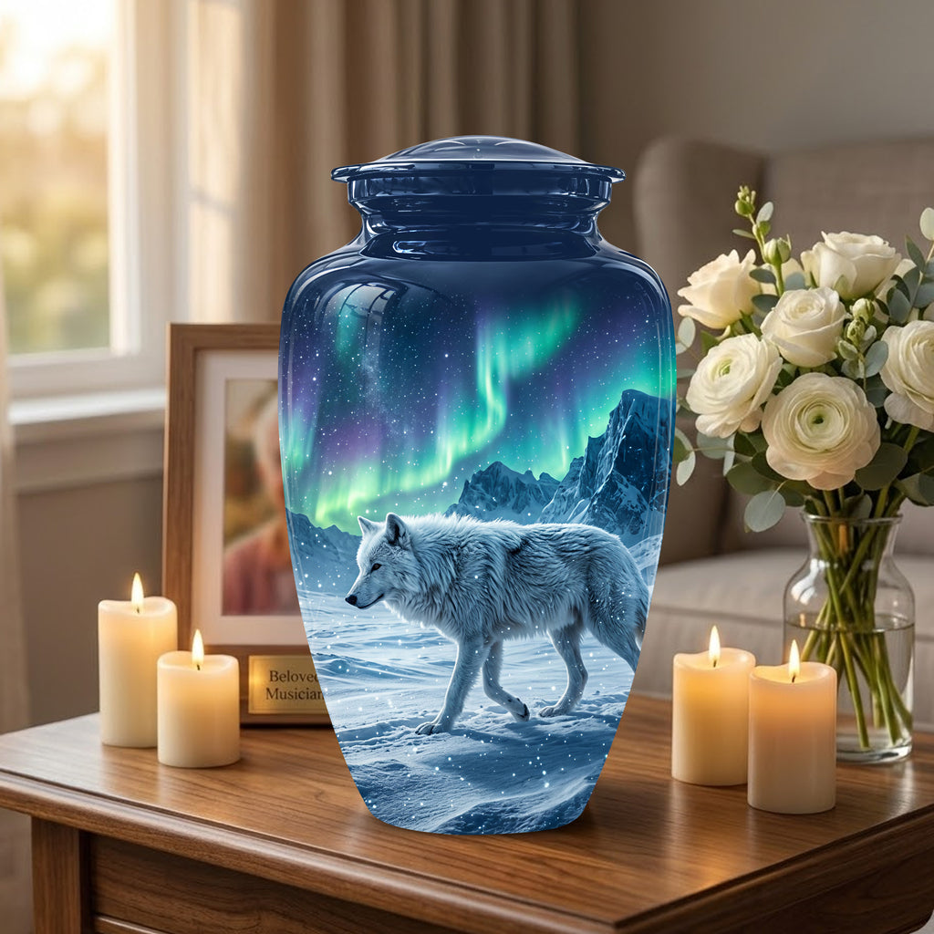 Snowy Wolf Cremation Urn - Northern Light Memorial Urn For Human Ashes