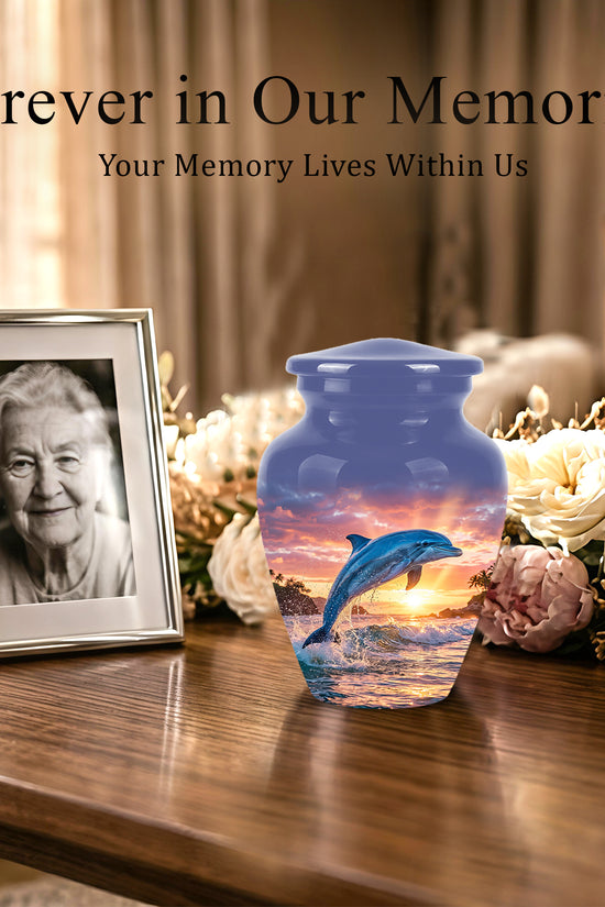 Blue Dolphin Themed Urn - Sunset Custom Funeral Urns For Human Ashes