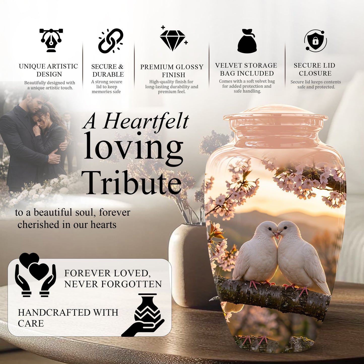 White Couple Dove - Peaceful Memorial Urns To Tribute Lover's Ashes