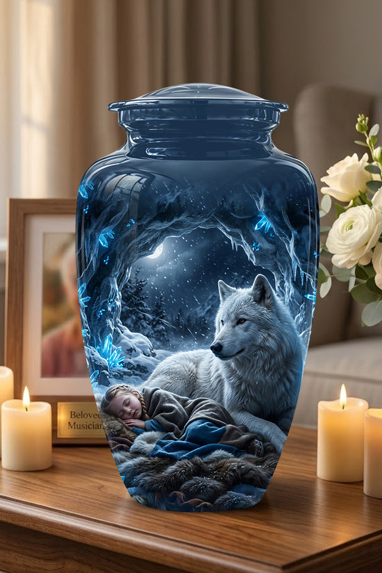 White Wolf With Girl Urn - Custom Memorial Urns For Men & Women Ashes