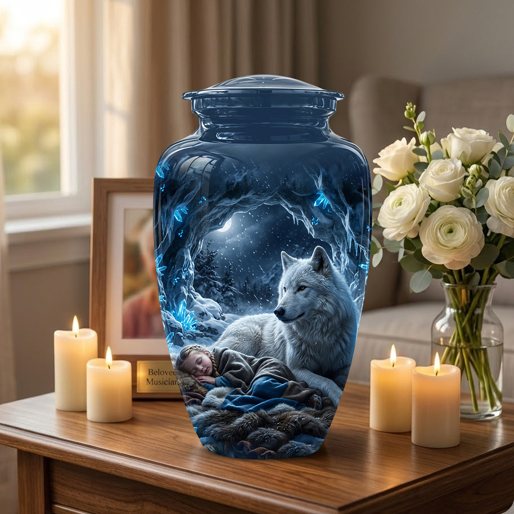 White Wolf With Girl Urn - Custom Memorial Urns For Men & Women Ashes