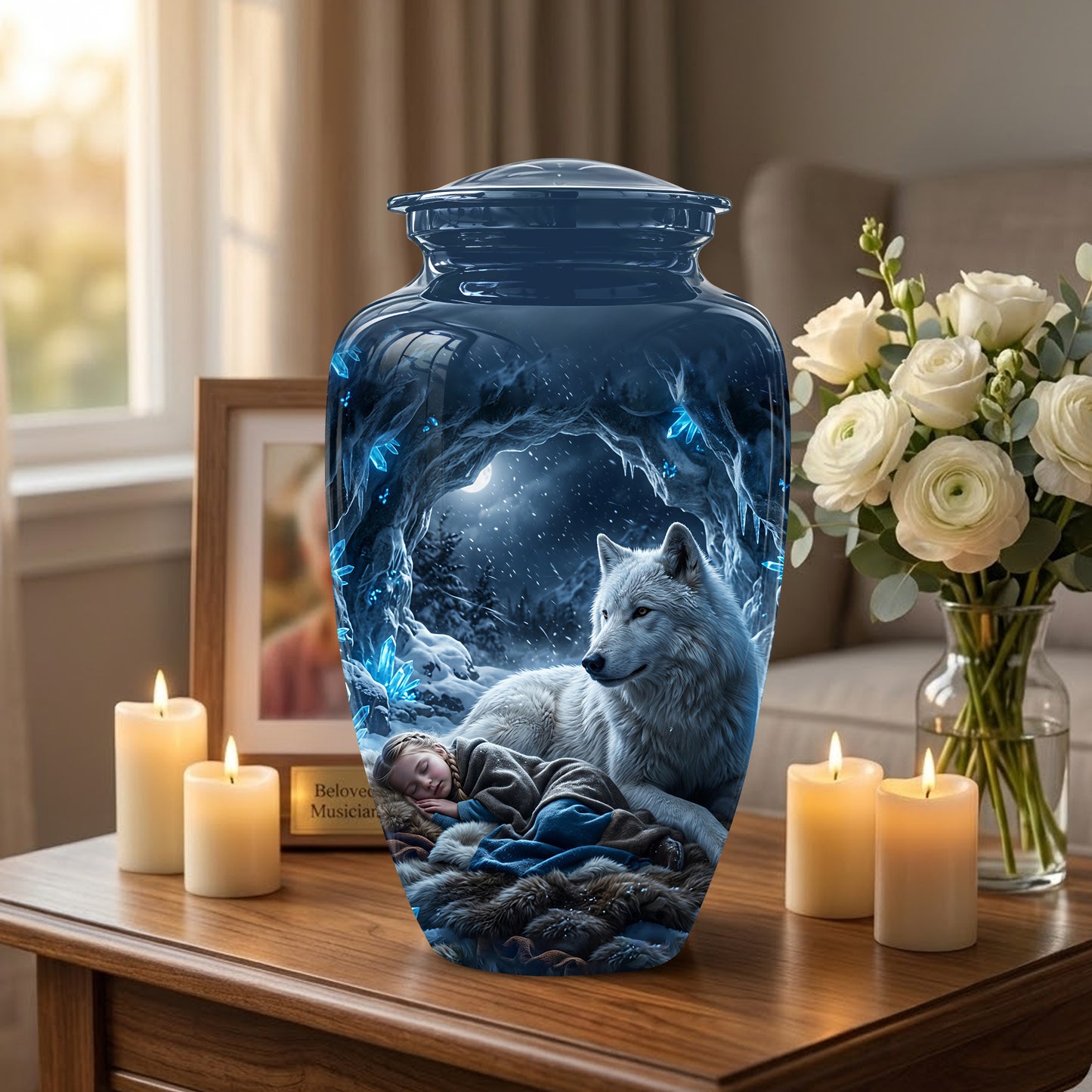 White Wolf With Girl Urn - Custom Memorial Urns For Men & Women Ashes