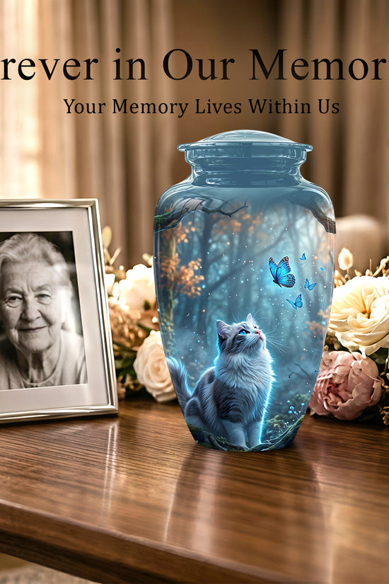 White Cat With Flying Butterfly - Custom Handcrafted Urns For Humans