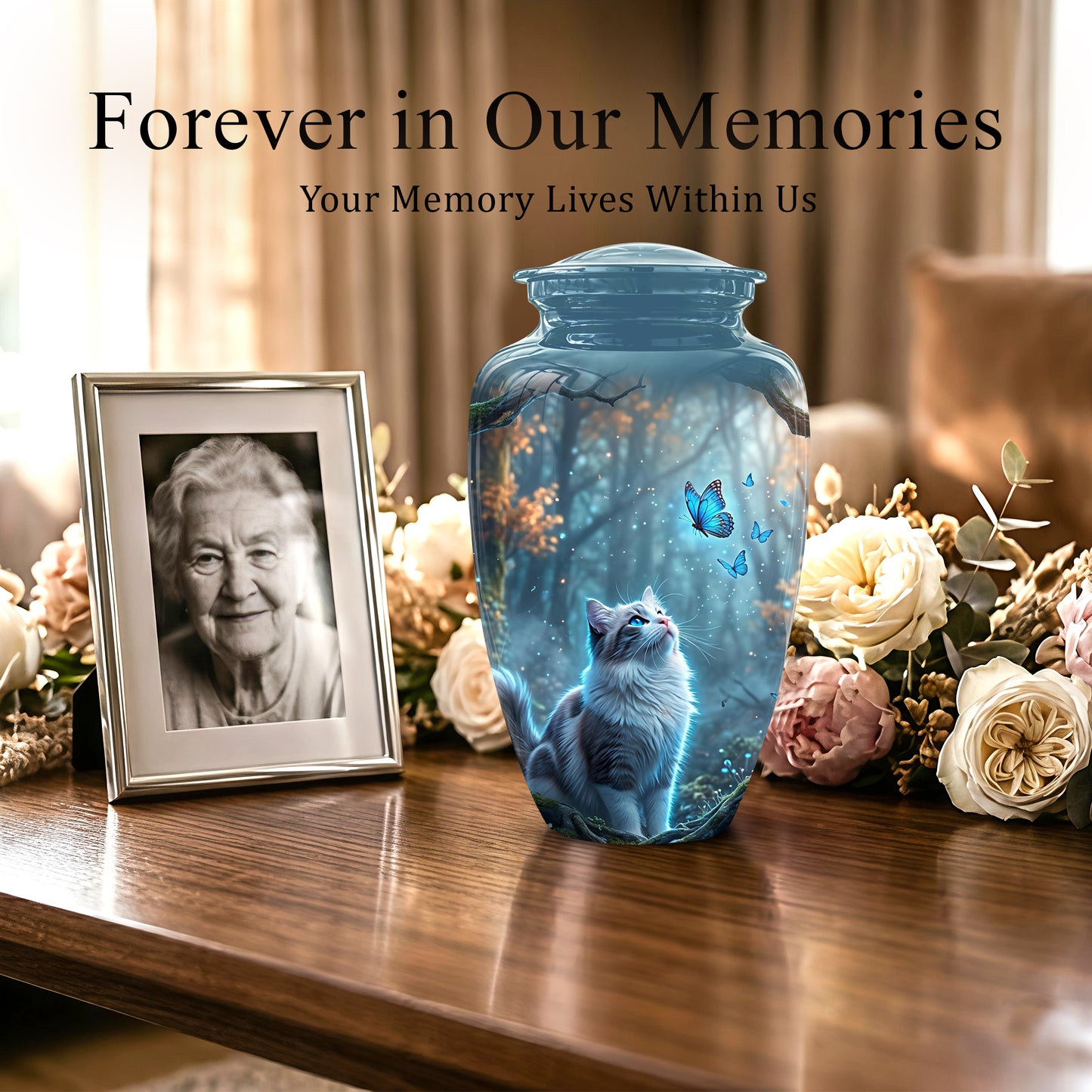 White Cat With Flying Butterfly - Custom Handcrafted Urns For Humans