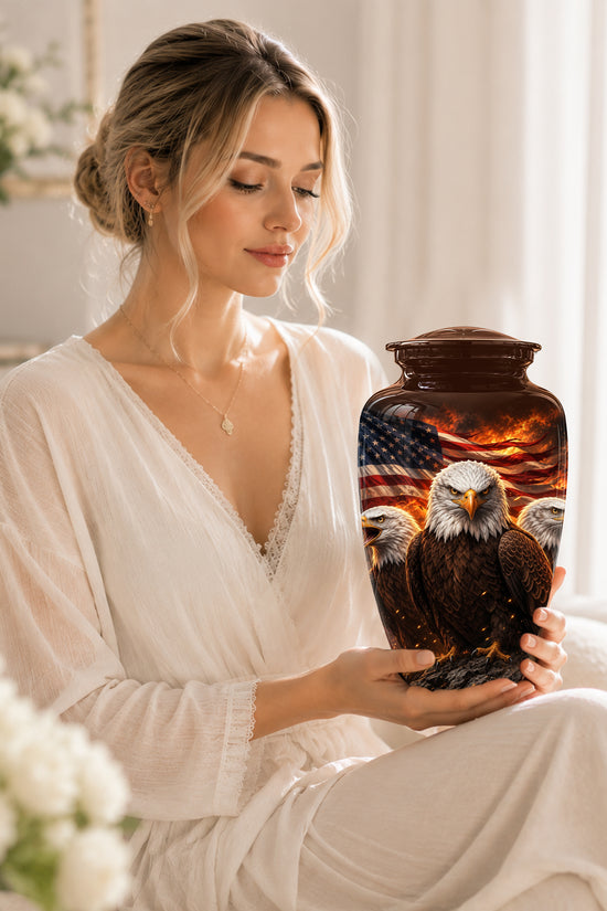 Bald Eagle & American Flag Funeral Urn - Patriotic Veteran Memorial Urn