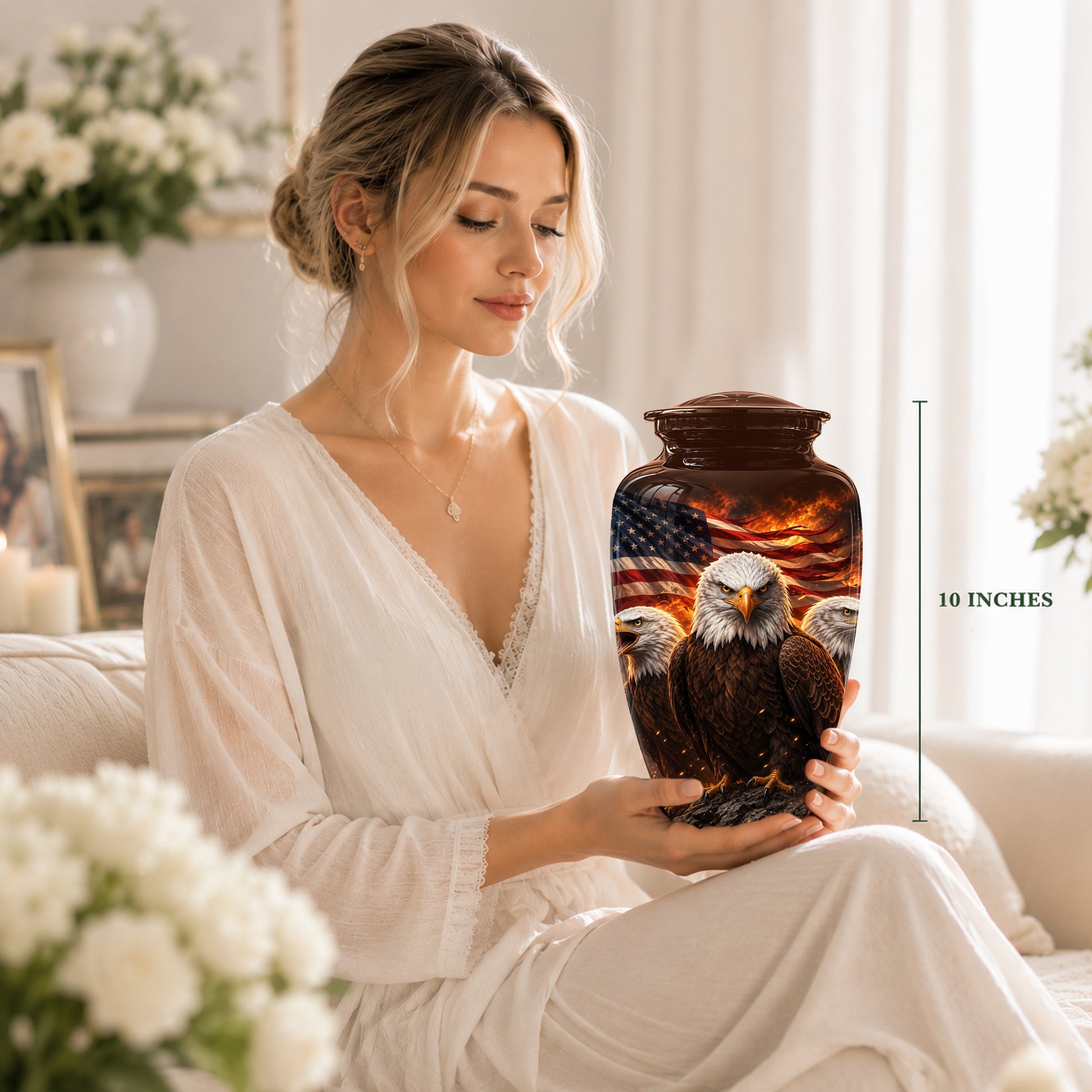 Bald Eagle & American Flag Funeral Urn - Patriotic Veteran Memorial Urn