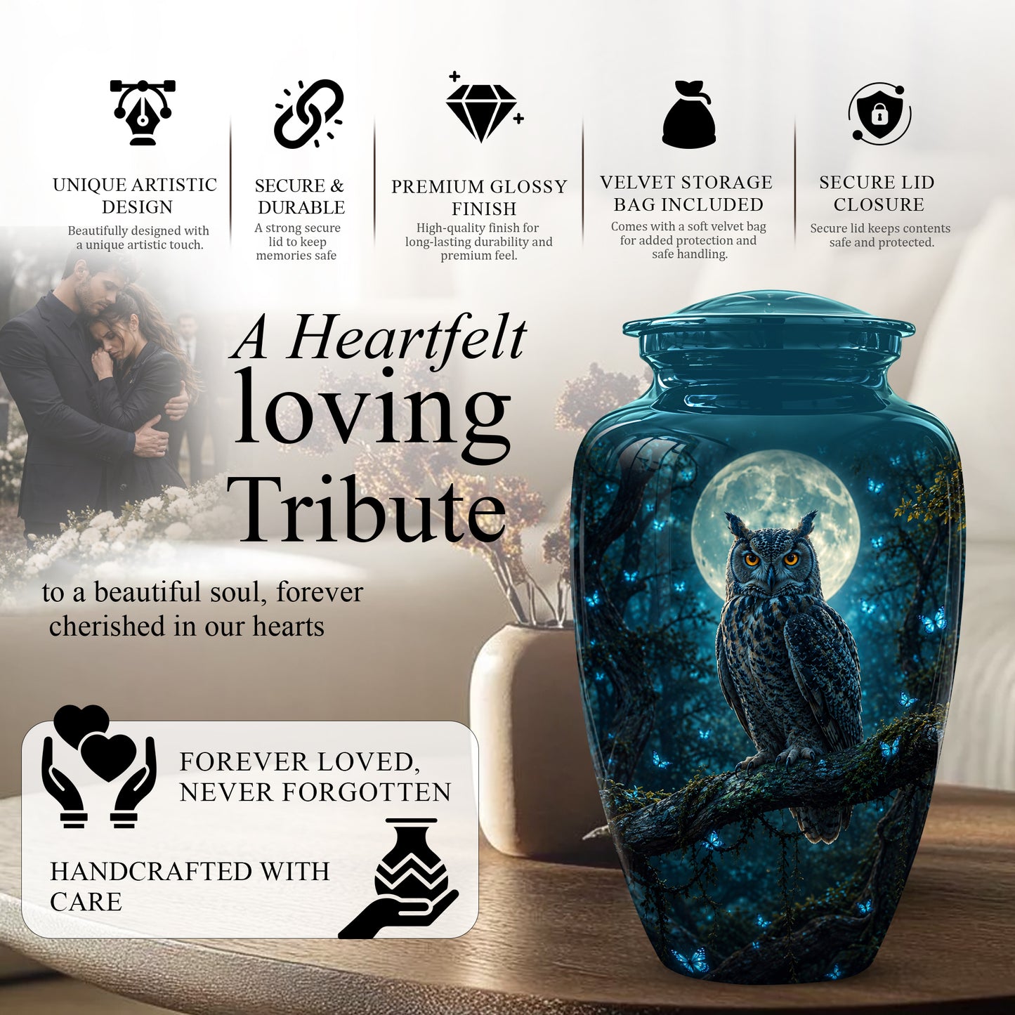 Majestic Horned Owl Burial Urn - Moonlight Owl Funeral Urns For Ashes