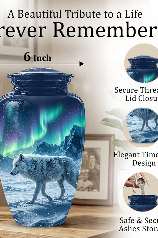 Snowy Wolf Cremation Urn - Northern Light Memorial Urn For Human Ashes