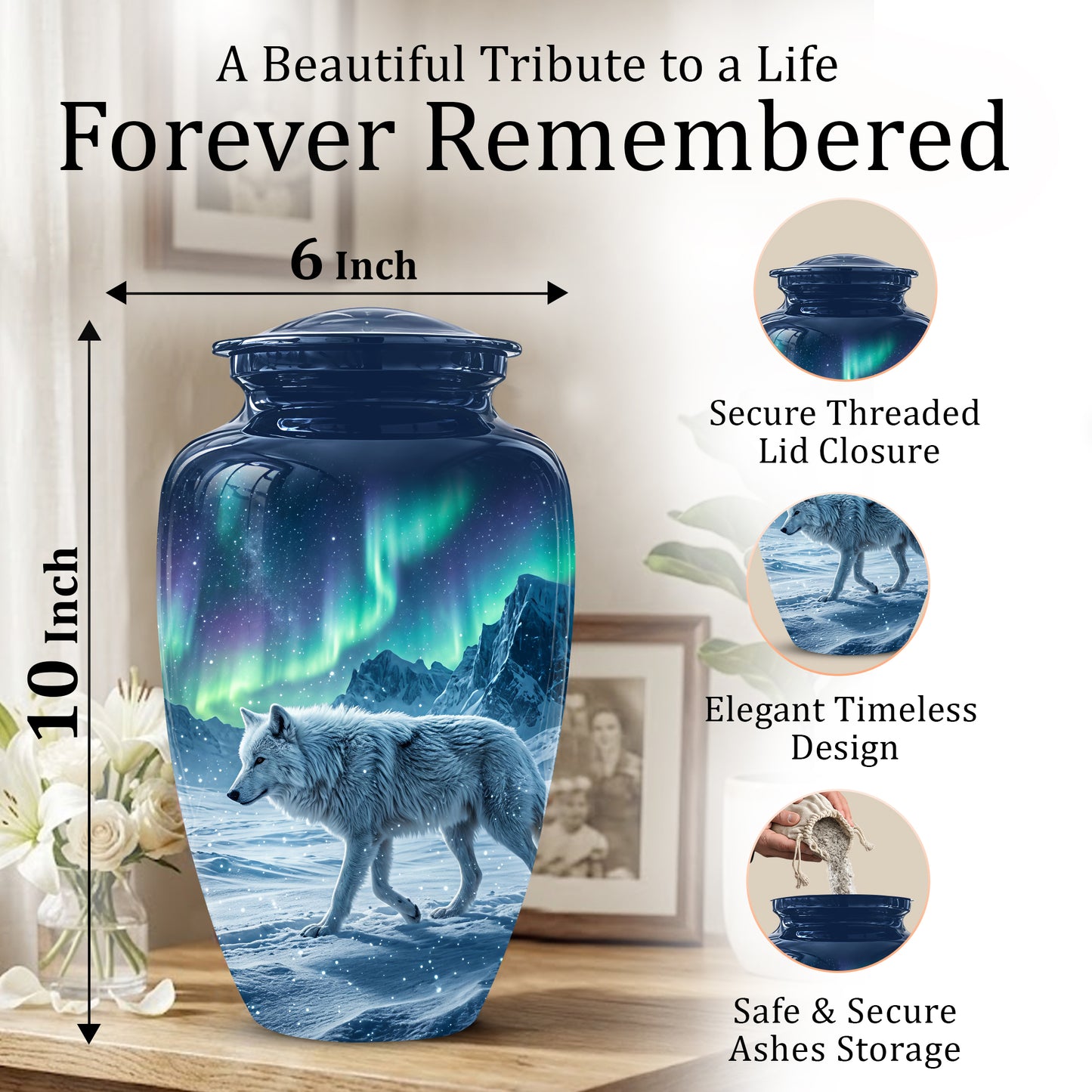 Snowy Wolf Cremation Urn - Northern Light Memorial Urn For Human Ashes