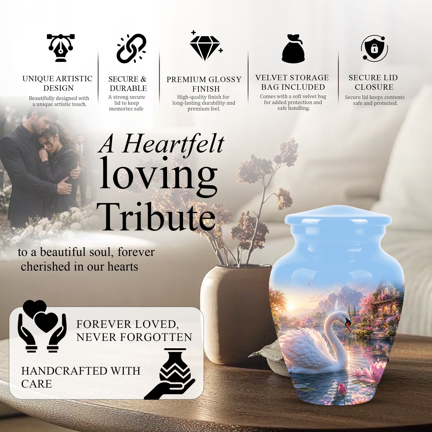 White Swan Themed Urn - Beautiful Custom Memorial Urns For Men & Women