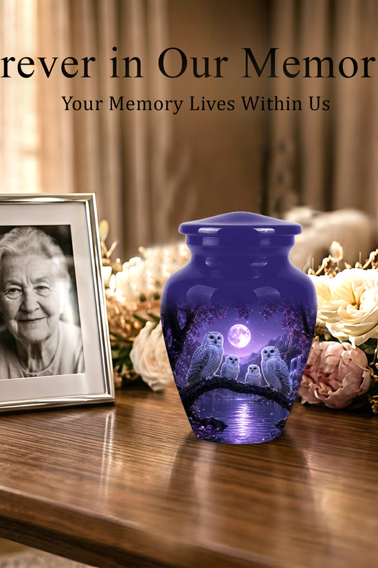 Snowy Owl Family Themed Cremation Urn - Purple Moonlight Memorial Urns