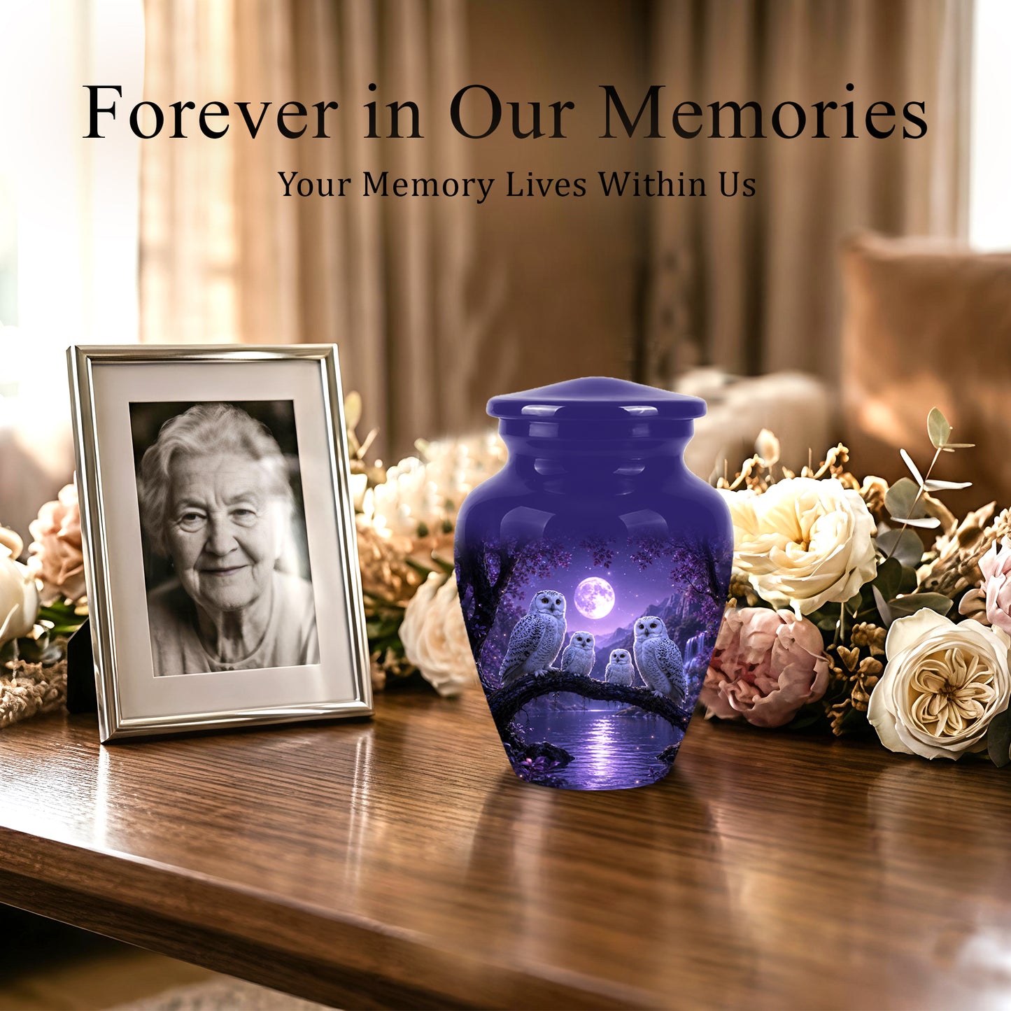Snowy Owl Family Themed Cremation Urn - Purple Moonlight Memorial Urns