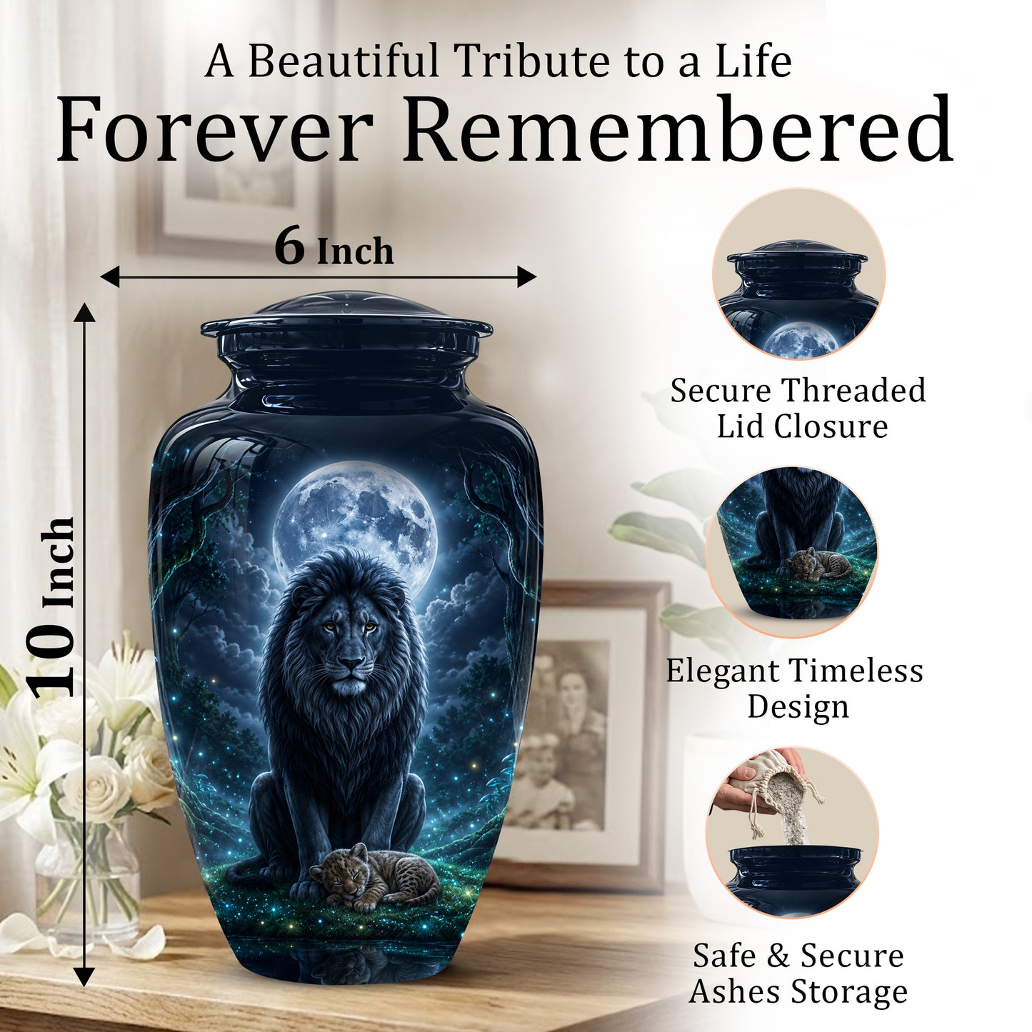 Lion And Moon Memorial Urn - Lion Adult Male Funeral Urns For Ashes