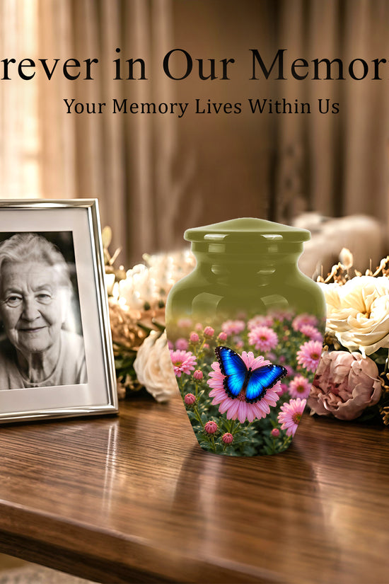 Personalized Blue Butterfly Urn - Pink Flower Memorial Urns For Ashes