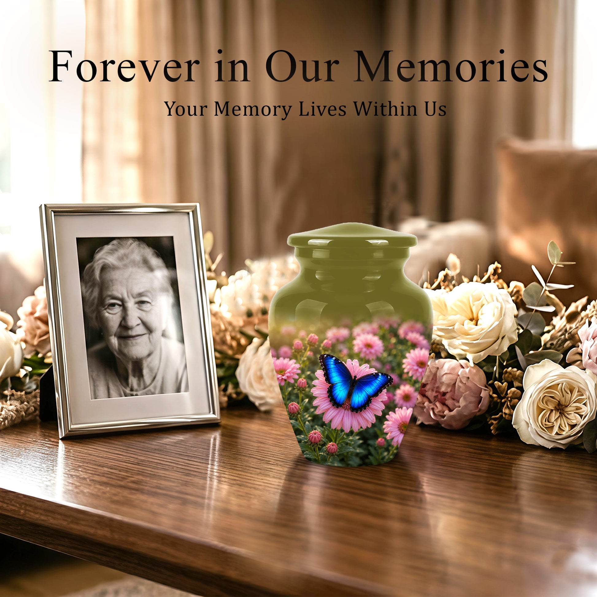 Personalized Blue Butterfly Urn - Pink Flower Memorial Urns For Ashes