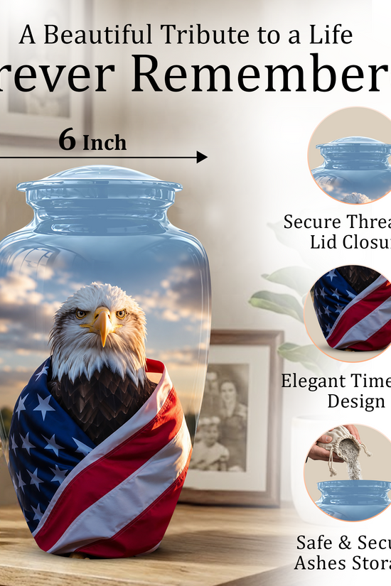 Bald Eagle Draped in American Flag - Patriotic Burial Urns For Human Ashes