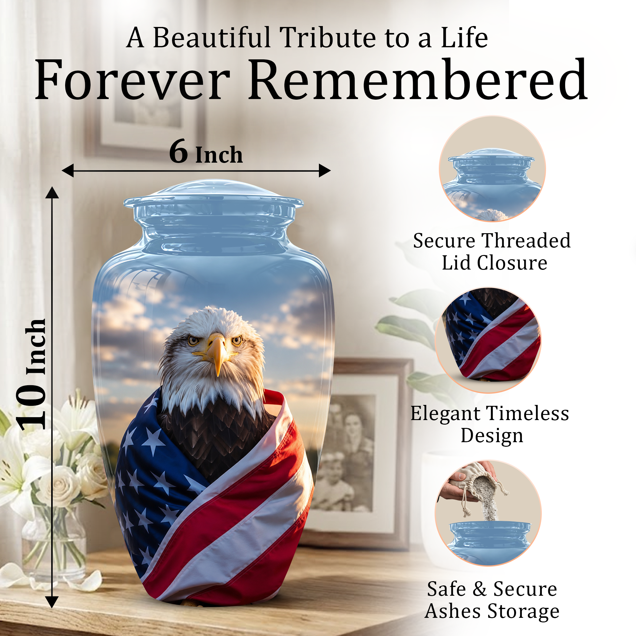 Bald Eagle Draped in American Flag - Patriotic Burial Urns For Human Ashes