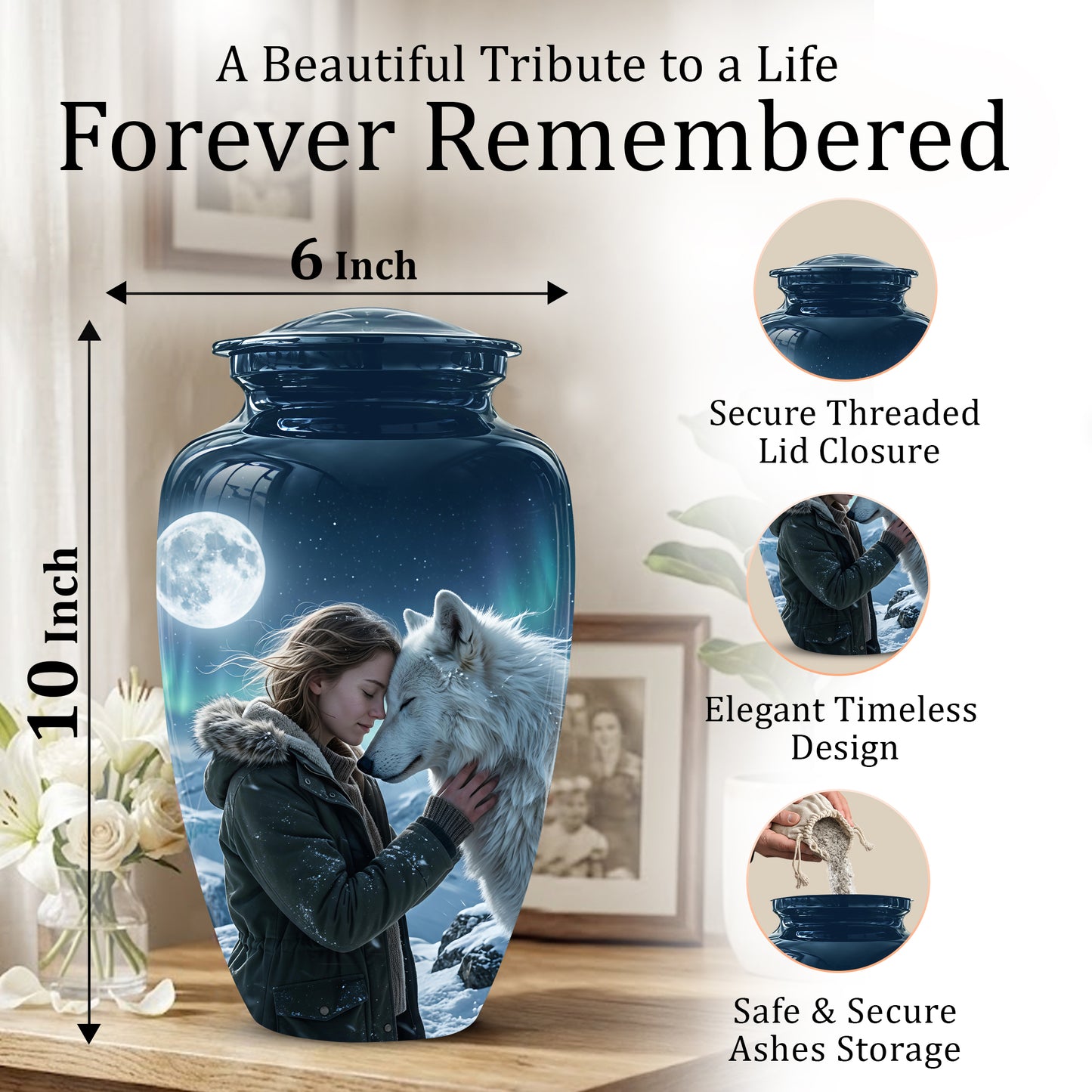 White Wolf Memorial Urn for Ashes - Custom Engraved Urns For Human