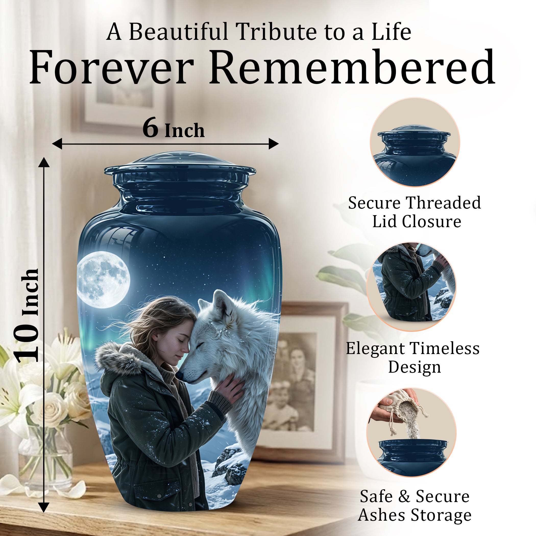 White Wolf Memorial Urn for Ashes - Custom Engraved Urns For Human