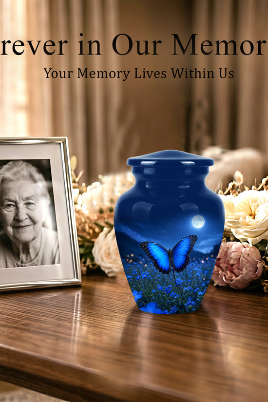 Personalized Blue Butterfly Cremation Urn - Handcrafted Urns For Mom