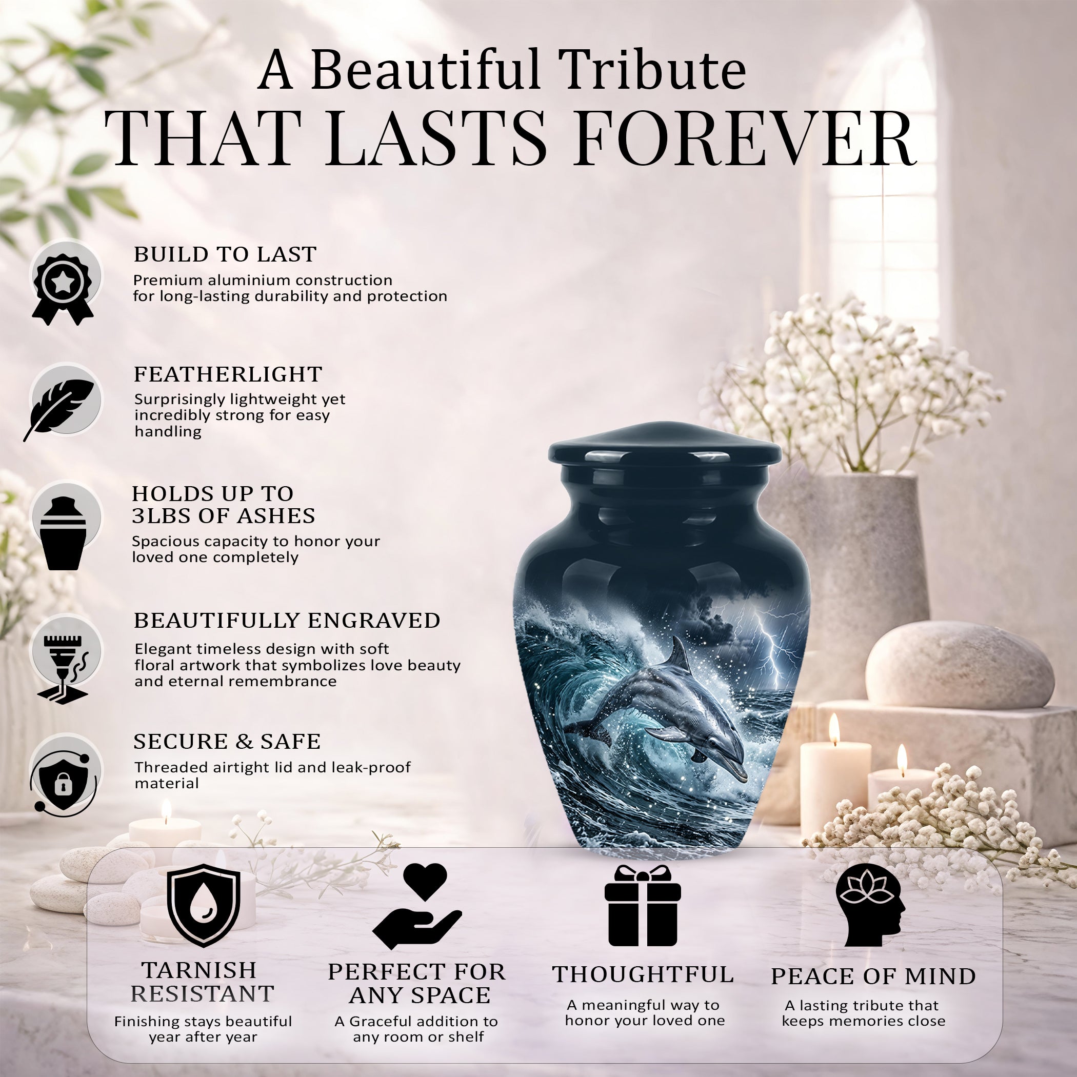 Black Dolphin In Storm Rain - Personalized Funeral Urns For Warriors