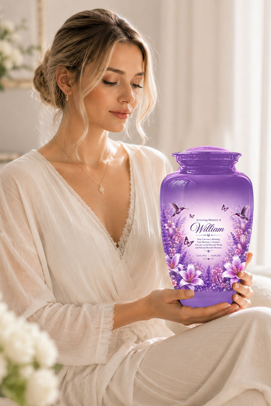 Lavender Hummingbird Urn – Purple Floral Urn for Human Ashes