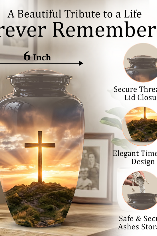 Christian Cross Cremation Urn - Sunrise Scenic Burial Urns For Human Ashes