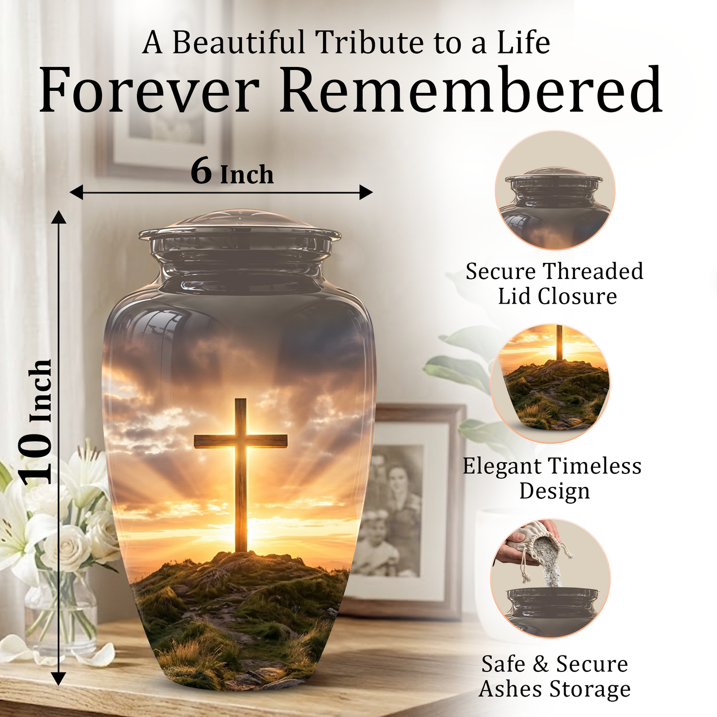 Christian Cross Cremation Urn - Sunrise Scenic Burial Urns For Human Ashes