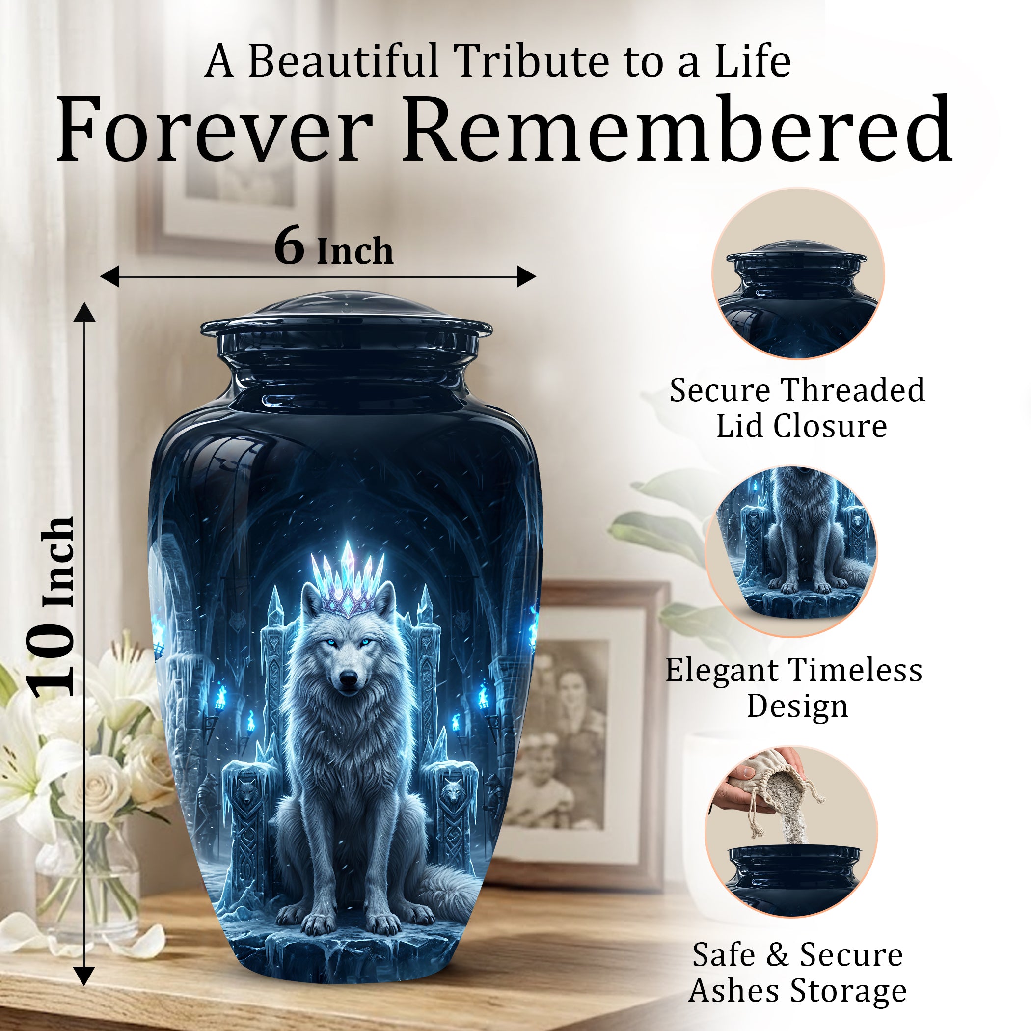Ice Throne Wolf King Urn for Ashes | Personalized Urn Memorial