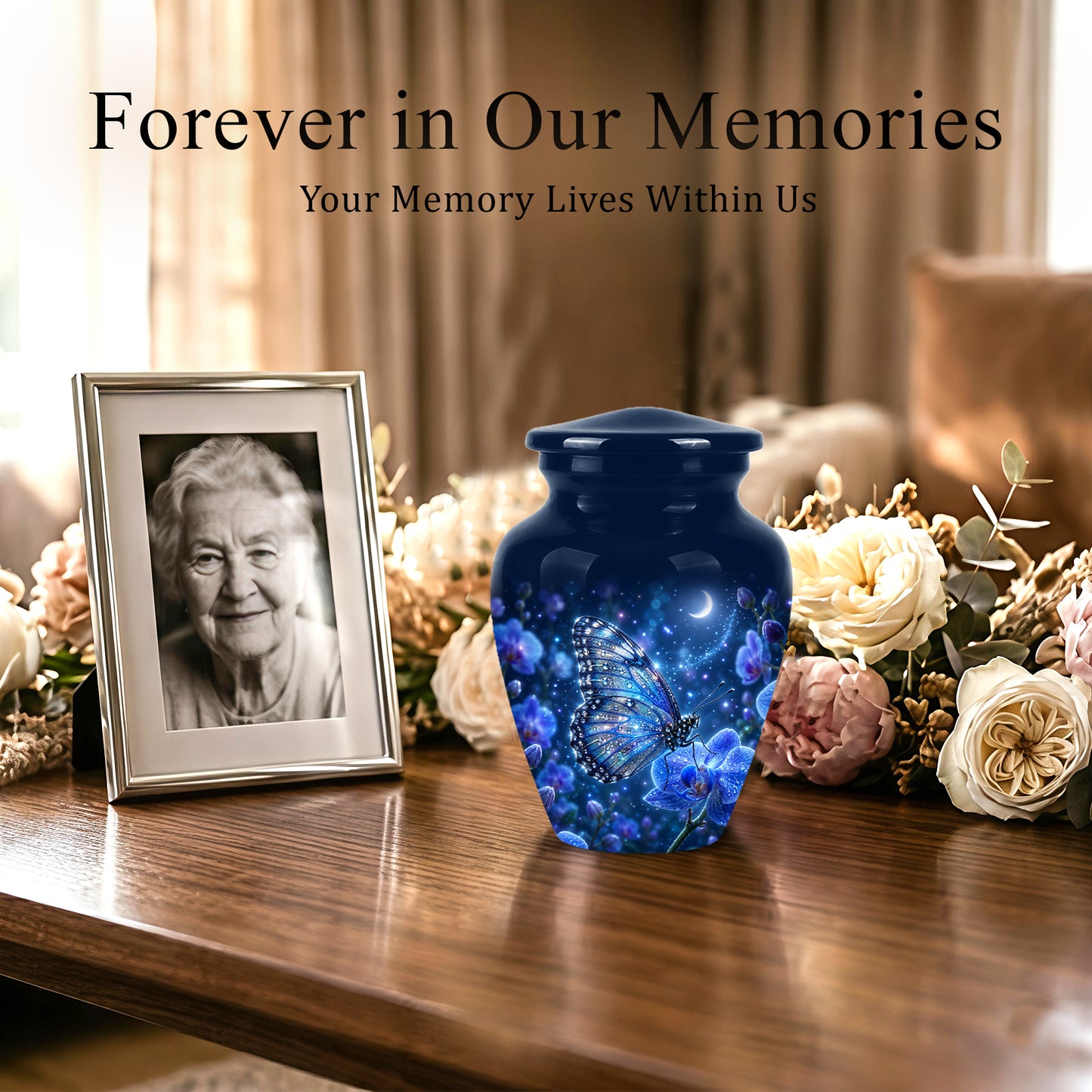 Blue Butterfly On Flower -Starry Night Burial Urns For Human Ashes