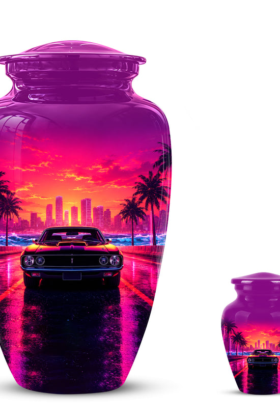 Neon Sunset Cityscape Sports Car Urn - Artistic Cremation Urn On Sale