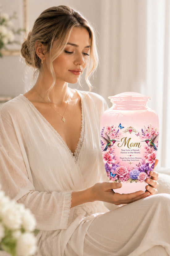 Hummingbird Floral Memorial Urn for Mother – Pink Aluminium Cremation Urn for Loved ones