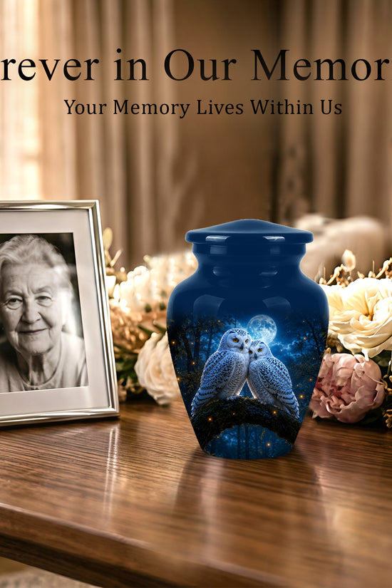 Snowy Owls Cremation Urn - Moonlight Owl Funeral Urns For Human Ashes