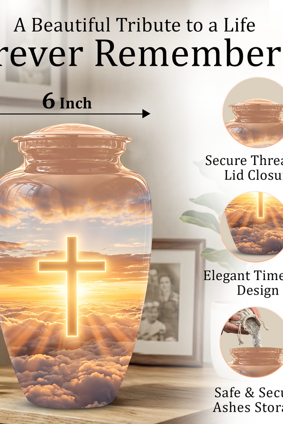 Christian Cross in Sky Cremation Urn - Beautiful Artistic Burial Urns For Ashes