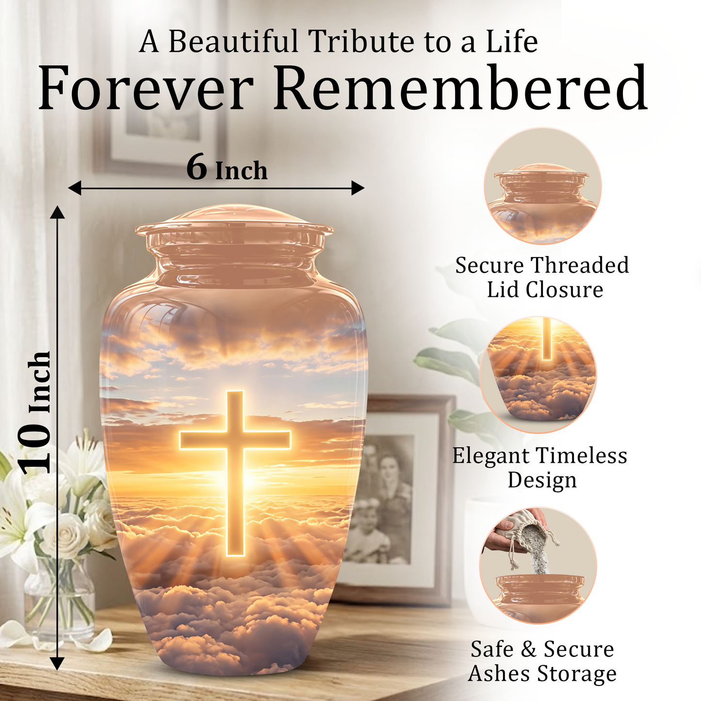 Christian Cross in Sky Cremation Urn - Beautiful Artistic Burial Urns For Ashes