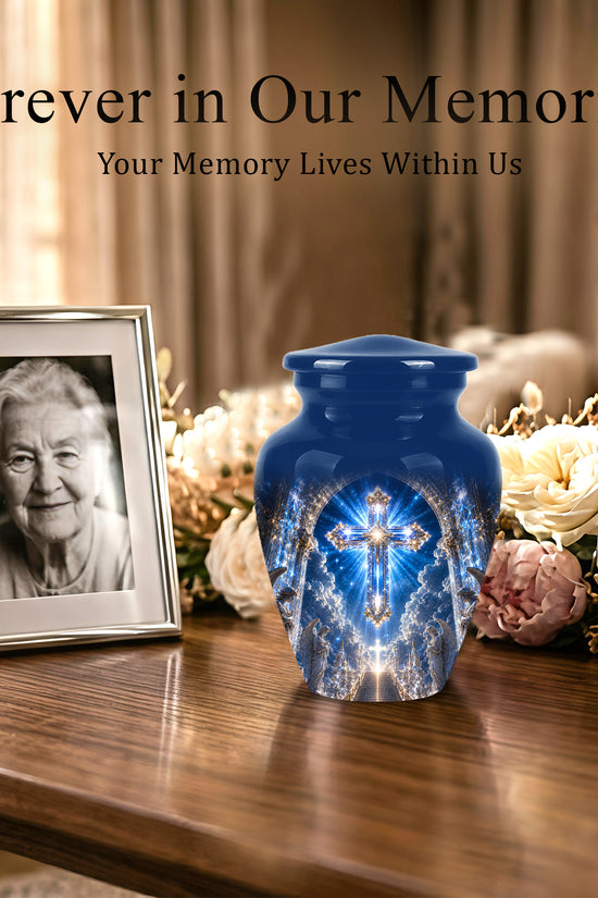 Heavenly Cross Cremation Urn – Blue Memorial Urn For Human Ashes