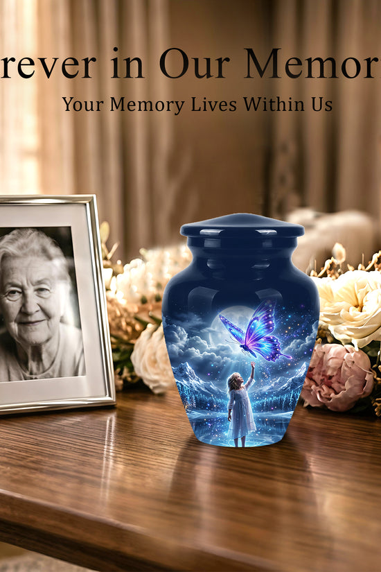 Colorful Butterfly With Girl Child - Beautiful Funeral Urns For Ashes