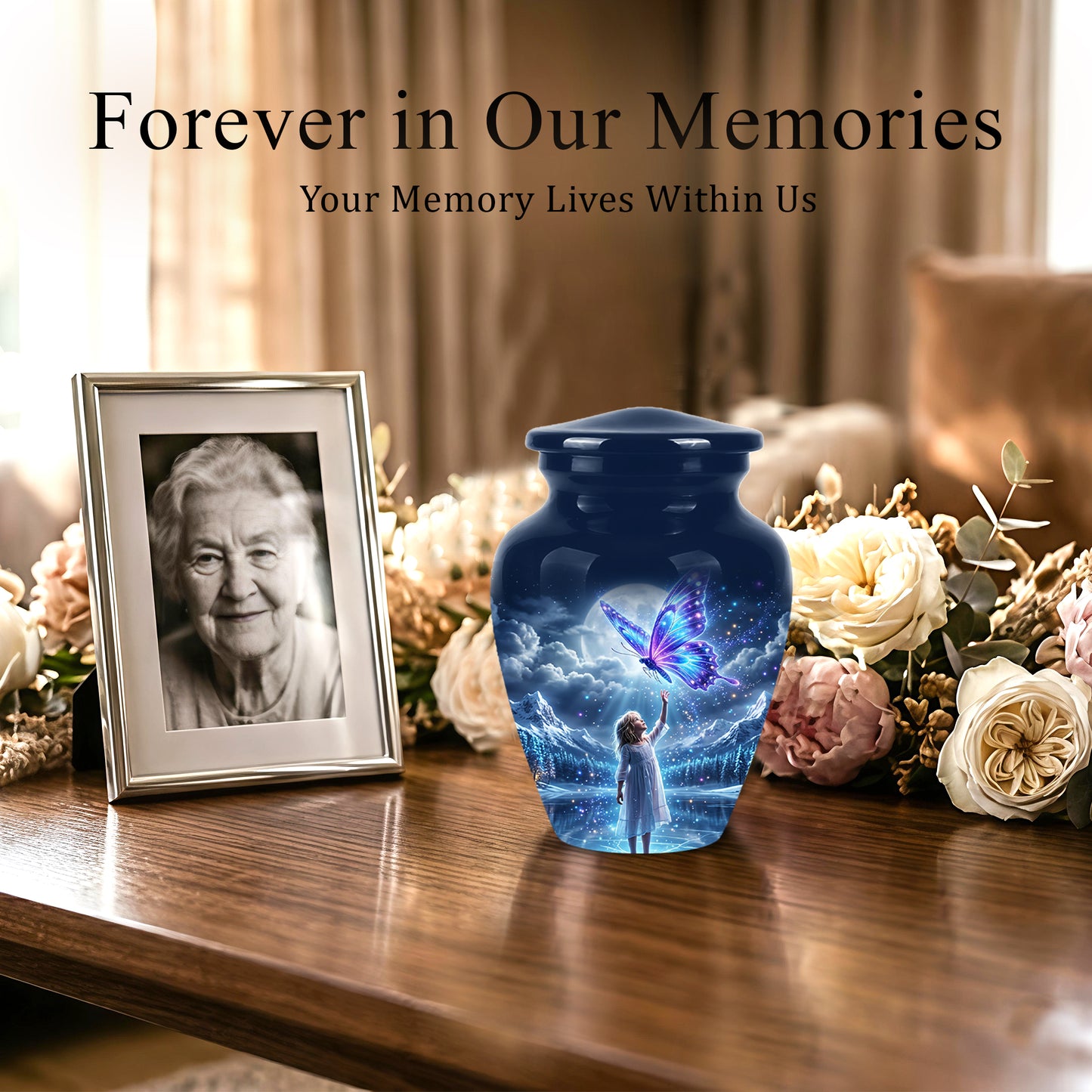 Colorful Butterfly With Girl Child - Beautiful Funeral Urns For Ashes