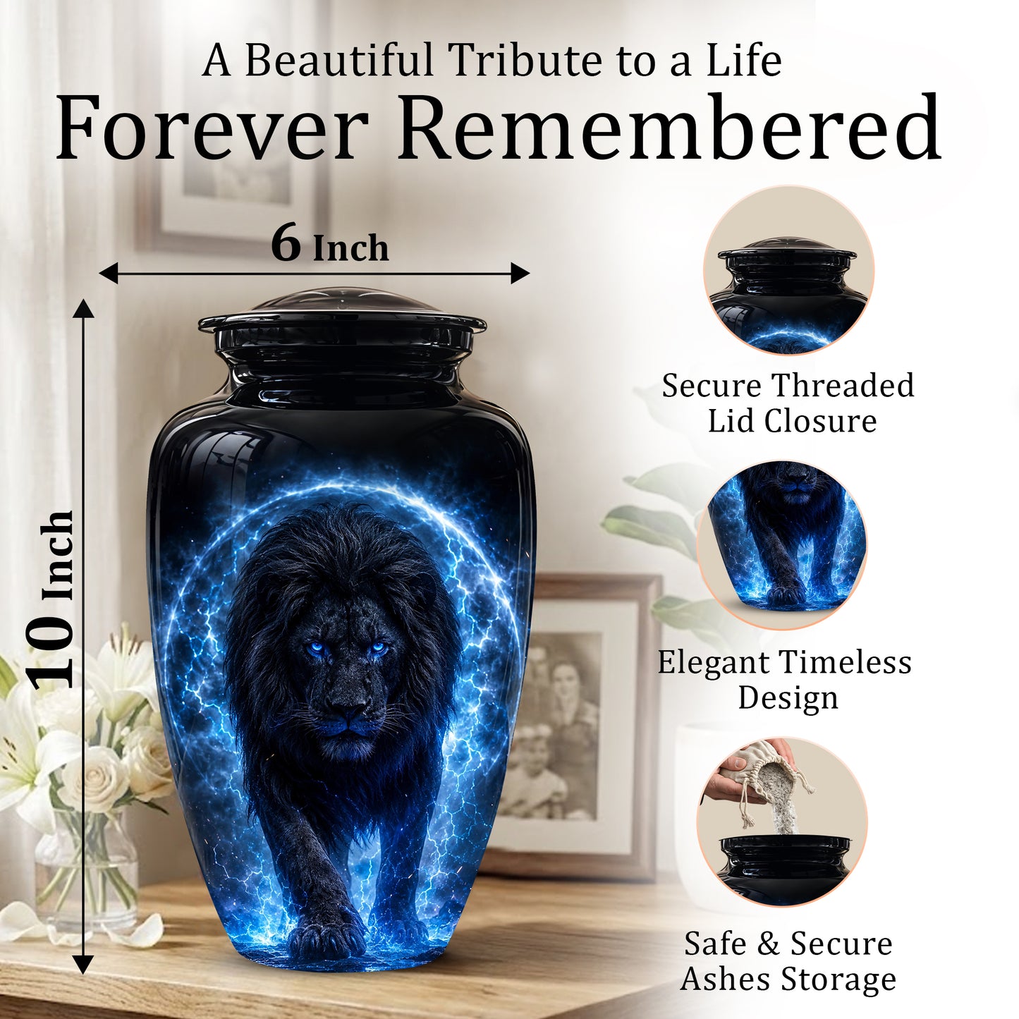 Black Lion Cremation Urns - Personalized Memorial Urns For Human Ashes