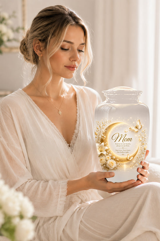 Floral Memorial Urn for Mom – White Aluminium Cremation Urn for Ashes