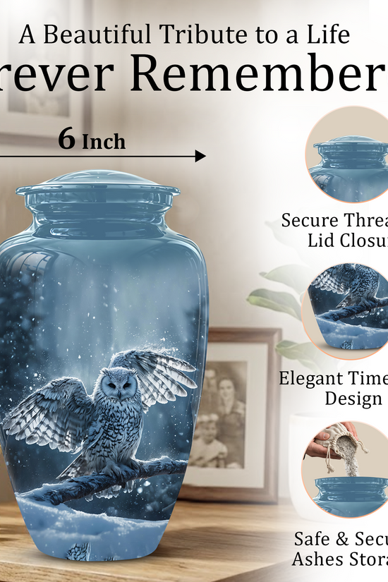 Snowy Owl Cremation Urn - Blue Funeral Urns For Human Ashes