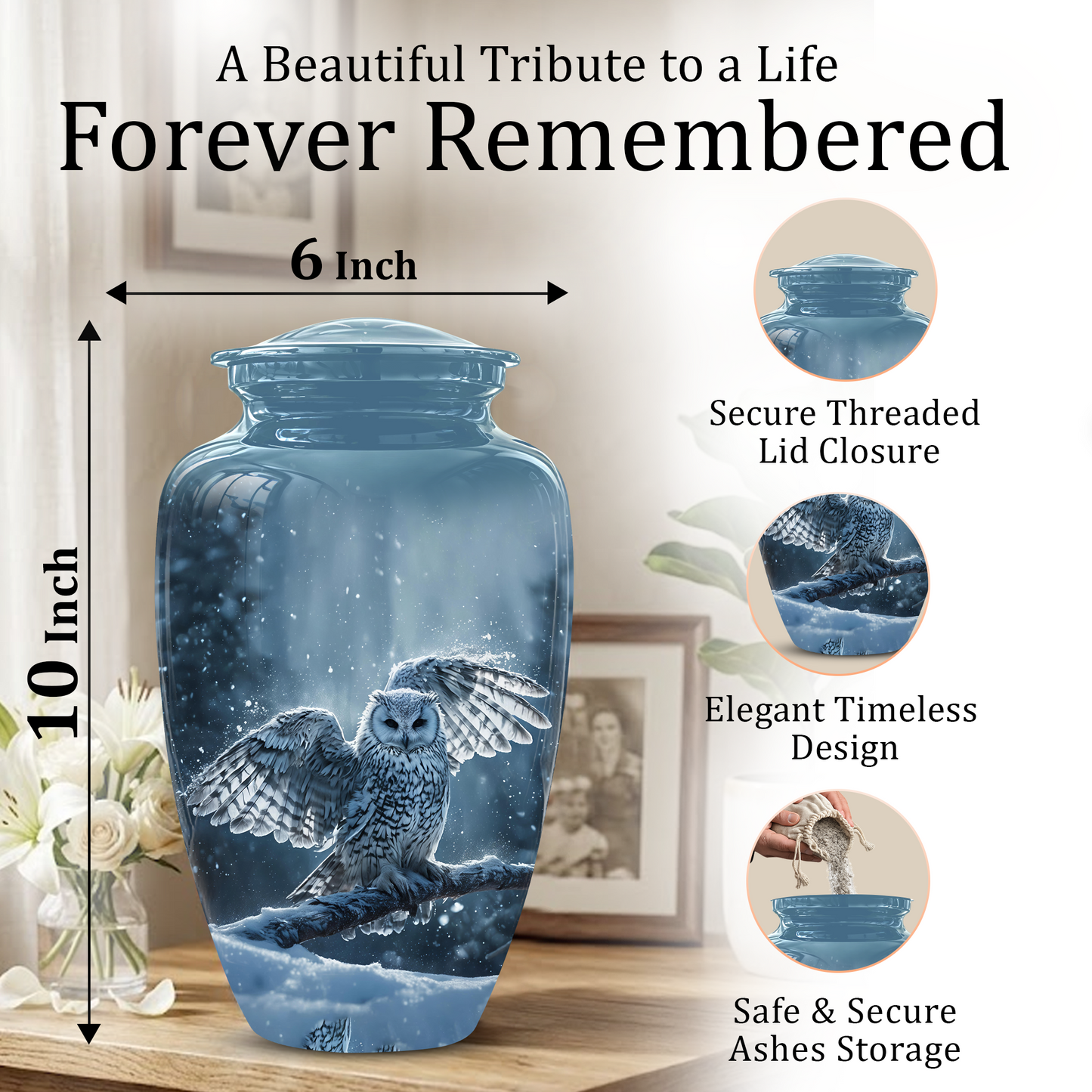 Snowy Owl Cremation Urn - Blue Funeral Urns For Human Ashes