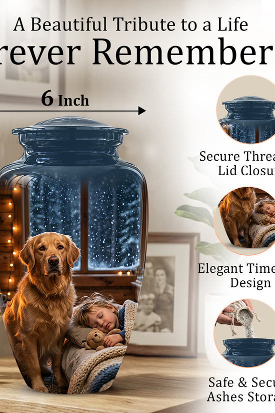 Golden Retriever Dog With Child - Beautiful Custom Pet Urns For Ashes