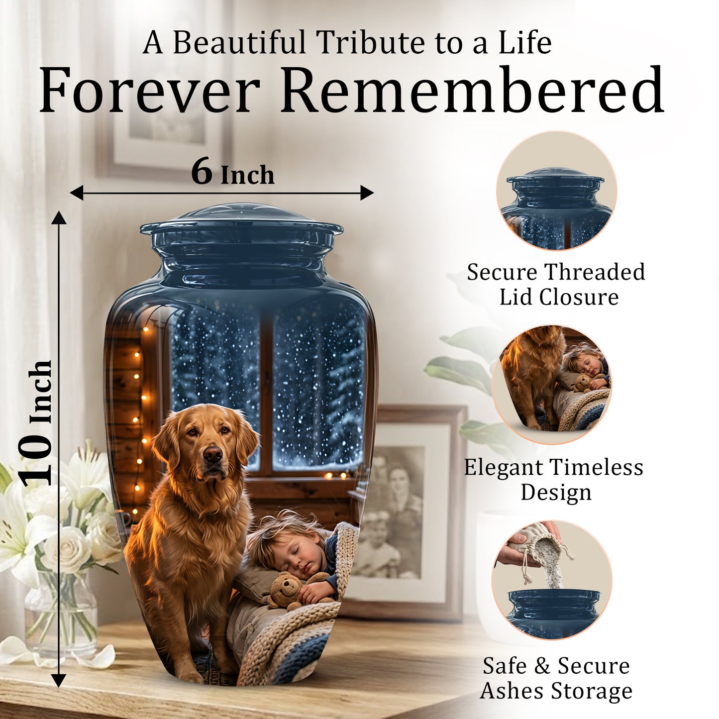 Golden Retriever Dog With Child - Beautiful Custom Pet Urns For Ashes