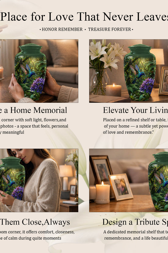 Flying Hummingbird Themed Urn - Beautiful Purple Flower Cremation Urns