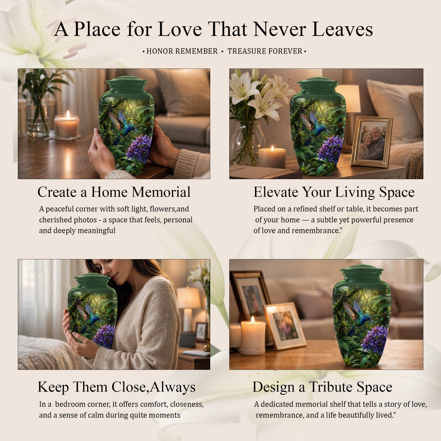 Flying Hummingbird Themed Urn - Beautiful Purple Flower Cremation Urns