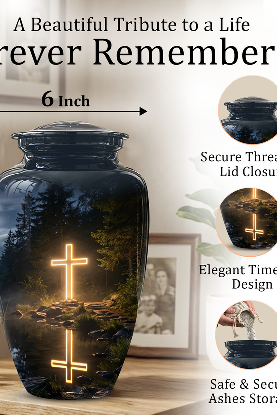 Glowing Cross In Forest - A Peaceful Tribute For Spiritual Human Ashes