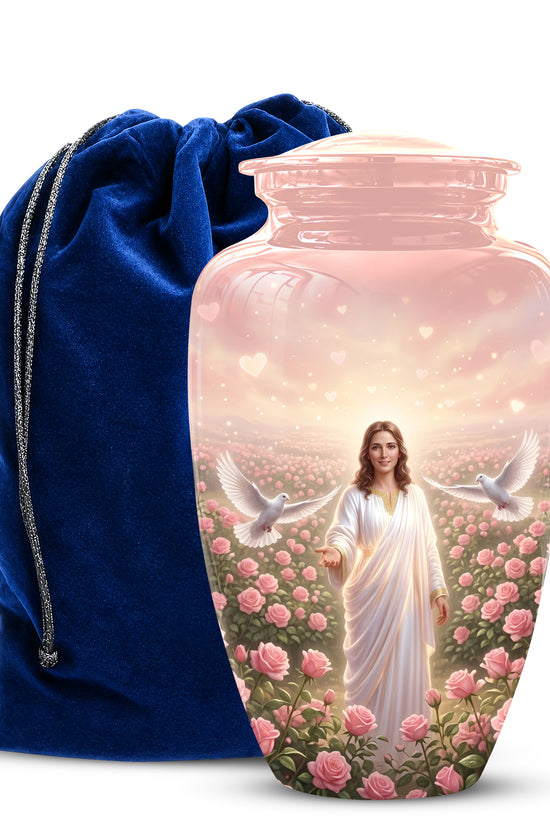 Jesus Christ And Roses Cremation Urn - Dove Memorial Urn For Ashes